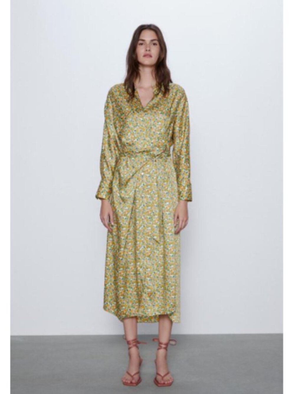NWT Zara Long Floral Wrap Shirt Dress Doman Sleeve in Green and Yellow Sz XS